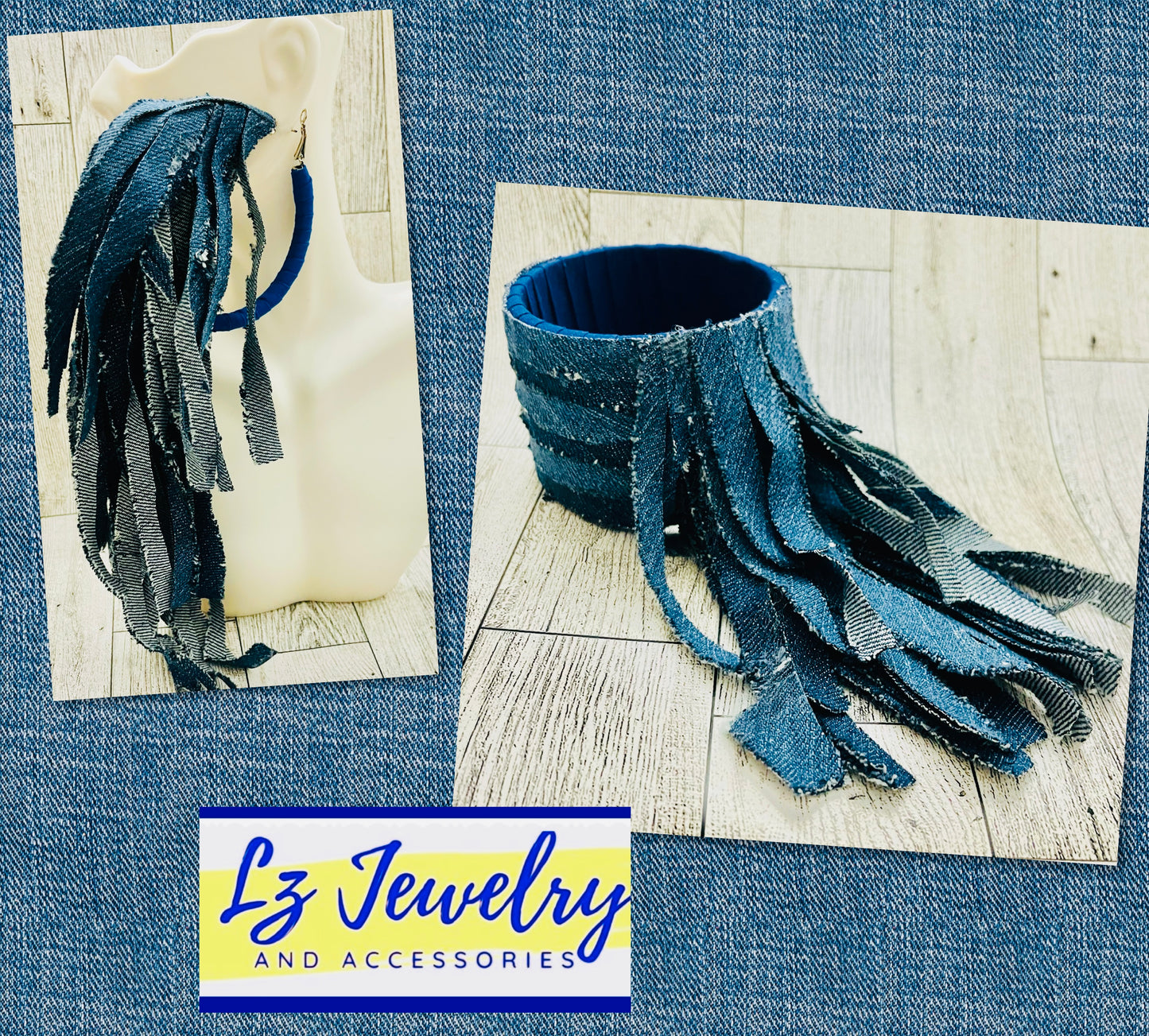 Denim Tassel Earrings and Bangle Bracelet